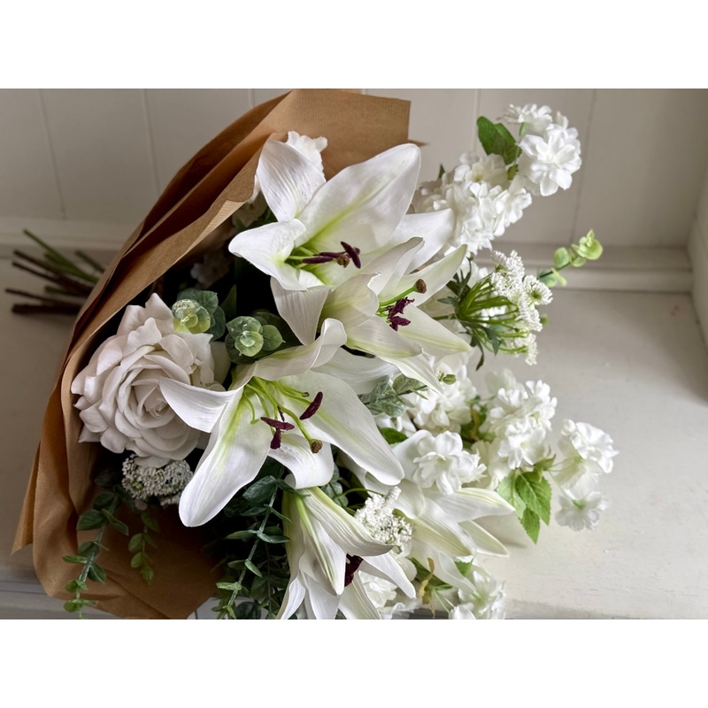 White lilies and blossom faux flower arrangement *Vase not included
