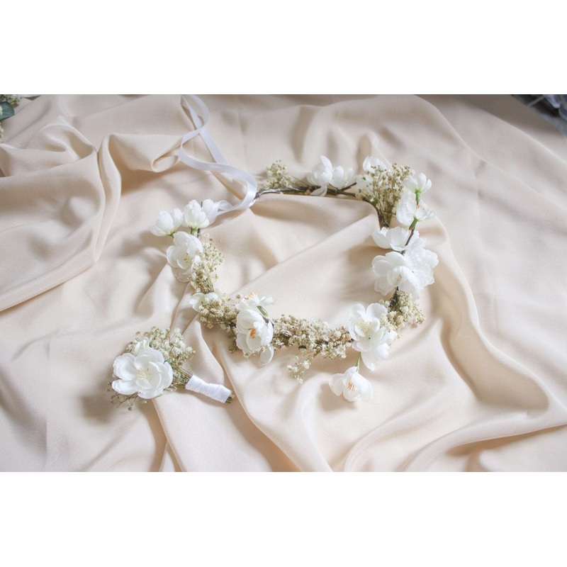 Baby’s Breath & Cherry Blossom Crown, BOHO WEDDING FLOWER Crown, Cherry Blossoms Hair Accessory, White Wedding, Rustic Crown, Hair Crown