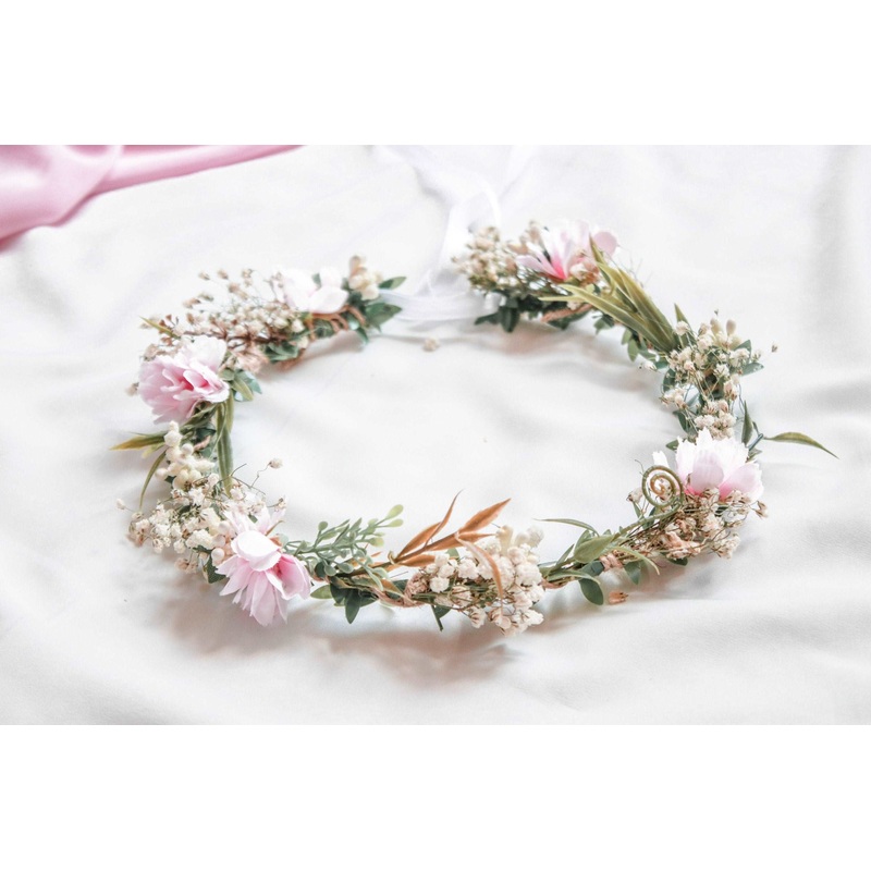 Baby’s breath Flower Crown, with Blush Pink Cherry Blossoms, wedding wreath, gypsophila wedding crown, boho flower crown