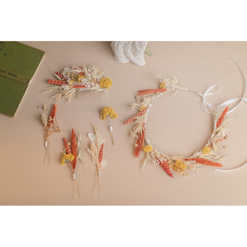 Burnt Orange & Yellow Hair Crown Wedding Boho Set / Wedding Dried Flowers