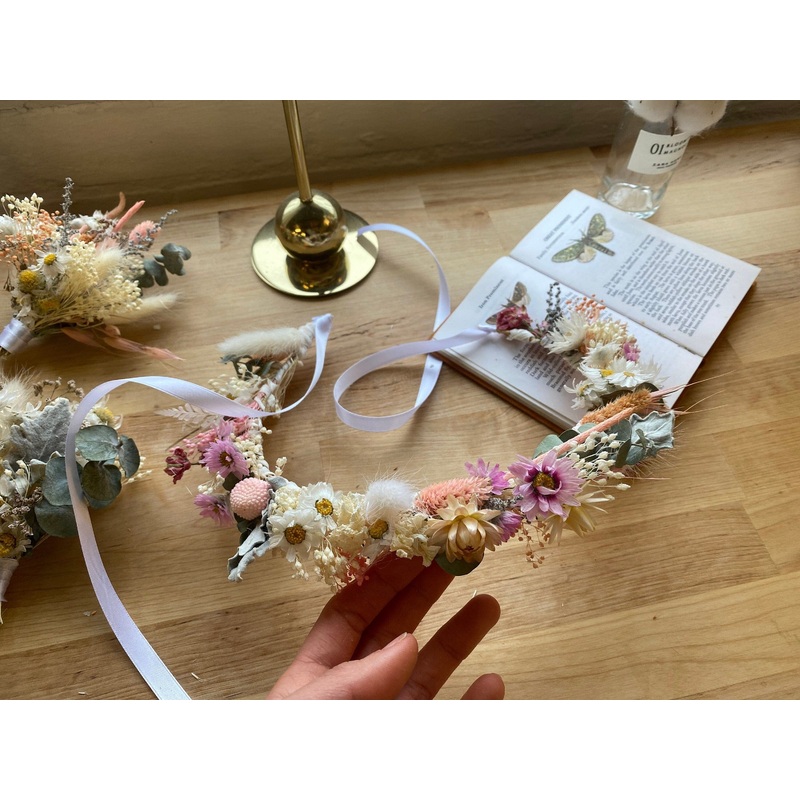 Pink Daisies All Dried Wildflower Bridal Wedding Crown / Boho Bride Wedding Flower Headband / Flower Wreath