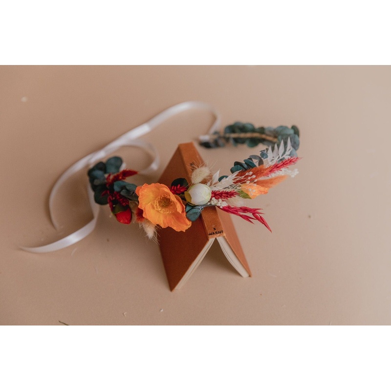 Preserved Eucalyptus Greenery Crown &  Orange Silk Poppy Flower Dried Flowers Boho Bridal Wedding Crown