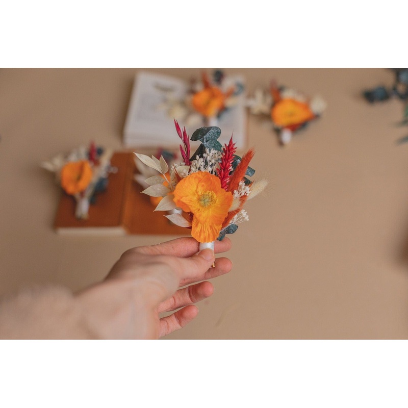Silk Orange Poppy & Eucalyptus Boutonnieres / Lapel Pin For Men / Groom Pin / Boho Boutonniere / Groom Boutonniere