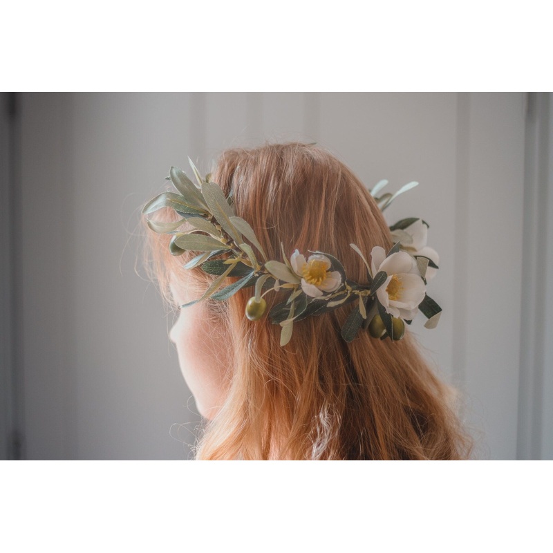 Olive branch wedding crown, olive leaves and cream blossoms, wedding crown, boho wedding crown, Greek style wedding crown