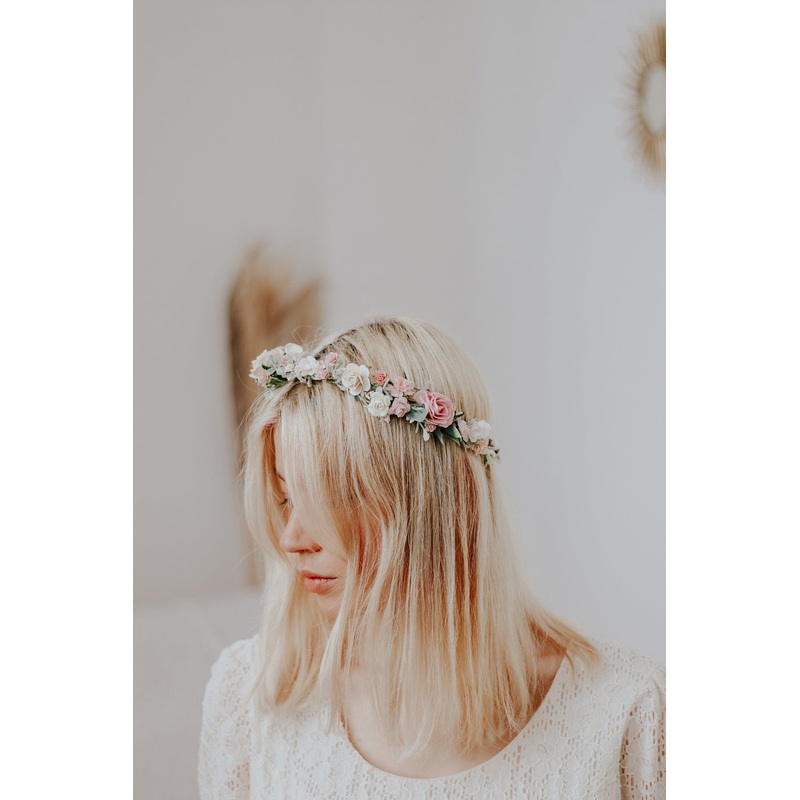 Pastel Pink Dainty Flower Crown, Lace Fabric Ribbon, Mullberry Paper Roses,Peony Crown, Blush Pink & Cream Roses