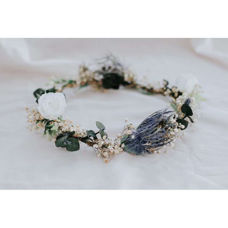 Real Dried Thistle Crown, Dried Eucalyptus and Preserved White Roses with Thistles Crown, Boho Flower Crown , Bridal Crown