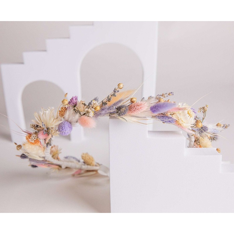 All Pastel Colors Wildflfower Boho Crown / Phalaris, Flax Seed and Bunny Tails Dried Flowers
