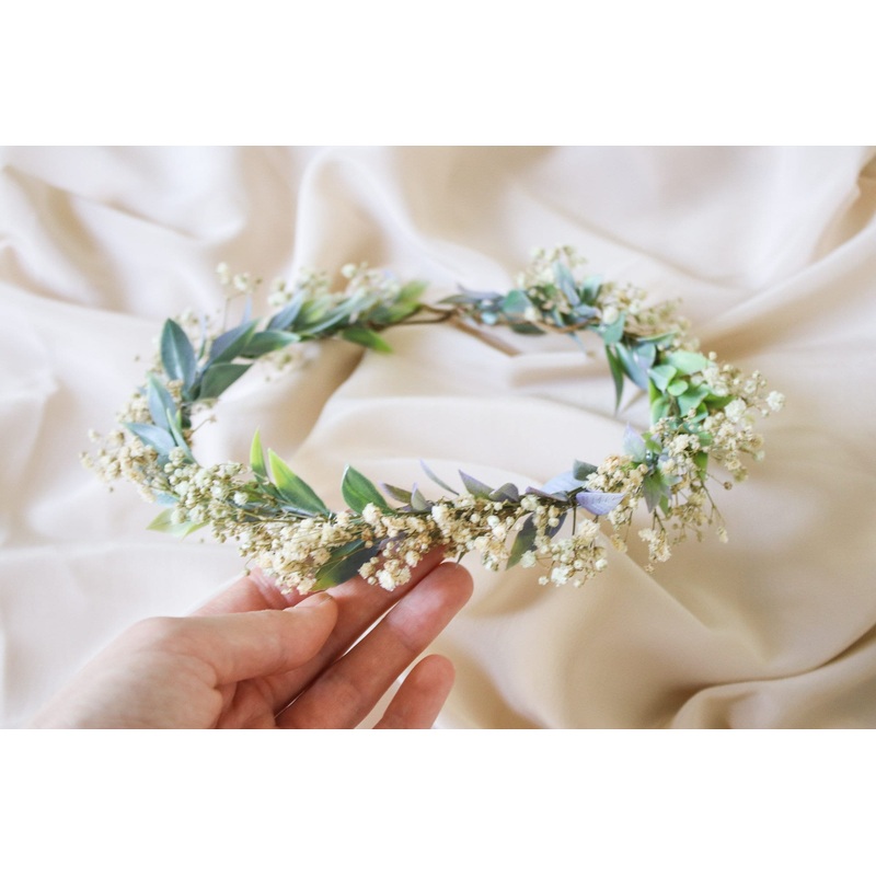 Boho Flower Wreath, Baby’s Breath Flower Crown, Woodland Flower Crown, Rustic Forest Herbs, Boxwood Wedding Crown, Bride Crown, Green Crown