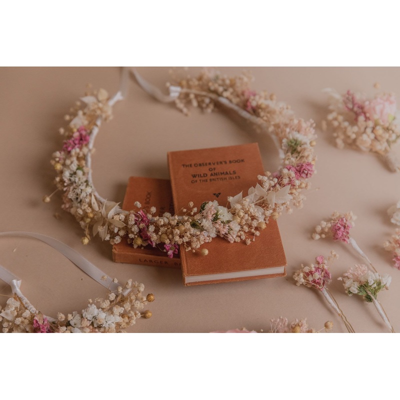 Dried Gypsophila & Pink Details Bridal Boho Wedding Crown / Real Dried Flower Crown / Boho Flower Crown