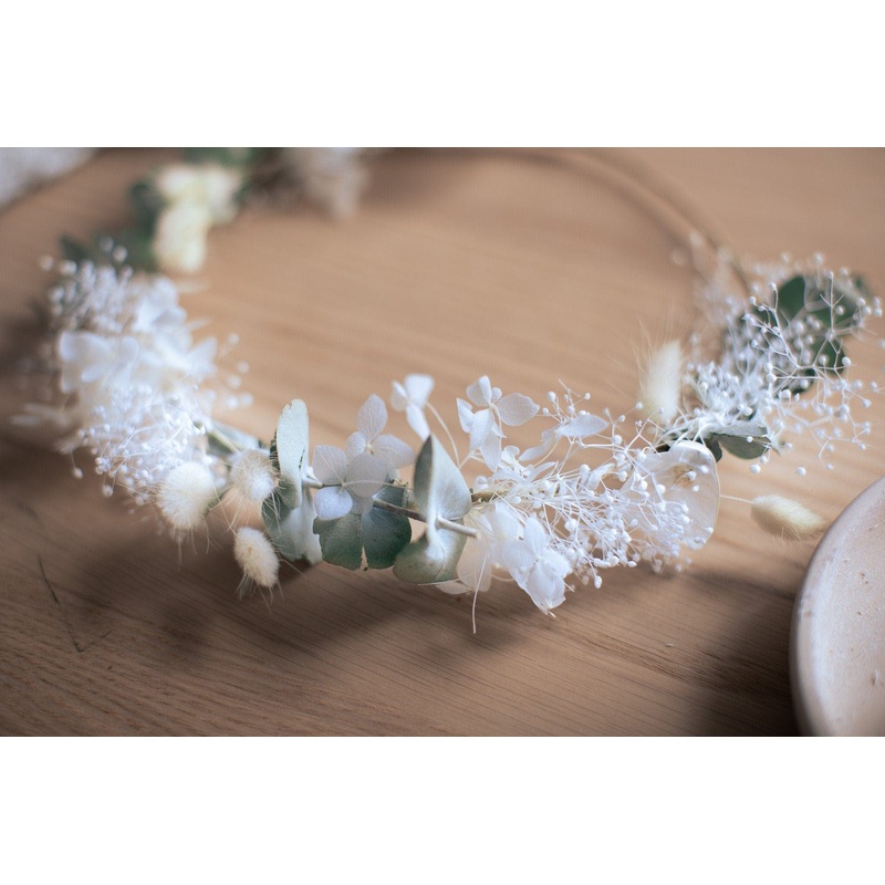 Mini Baby’s Breath and Dried Eucalyptus Crown / Bunny Tails Preserved Hydrangea Bridal Flower Crown