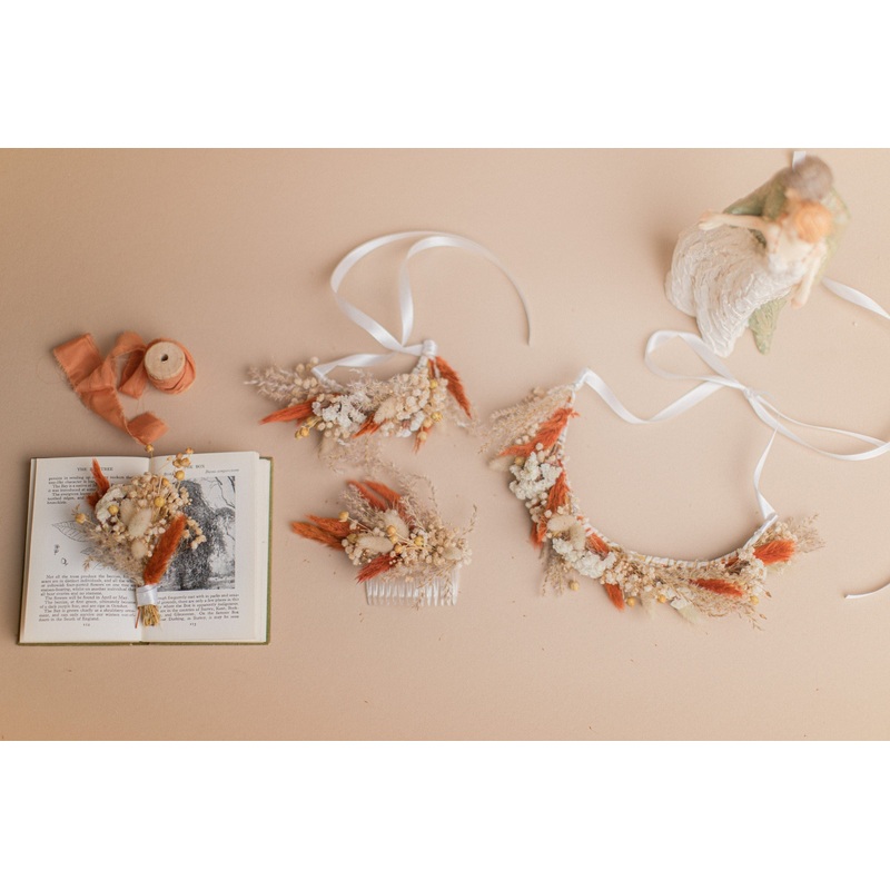 Natural Gypsophila & Burnt Orange Hair Crown Wedding Boho Set / Wedding Dried Flowers