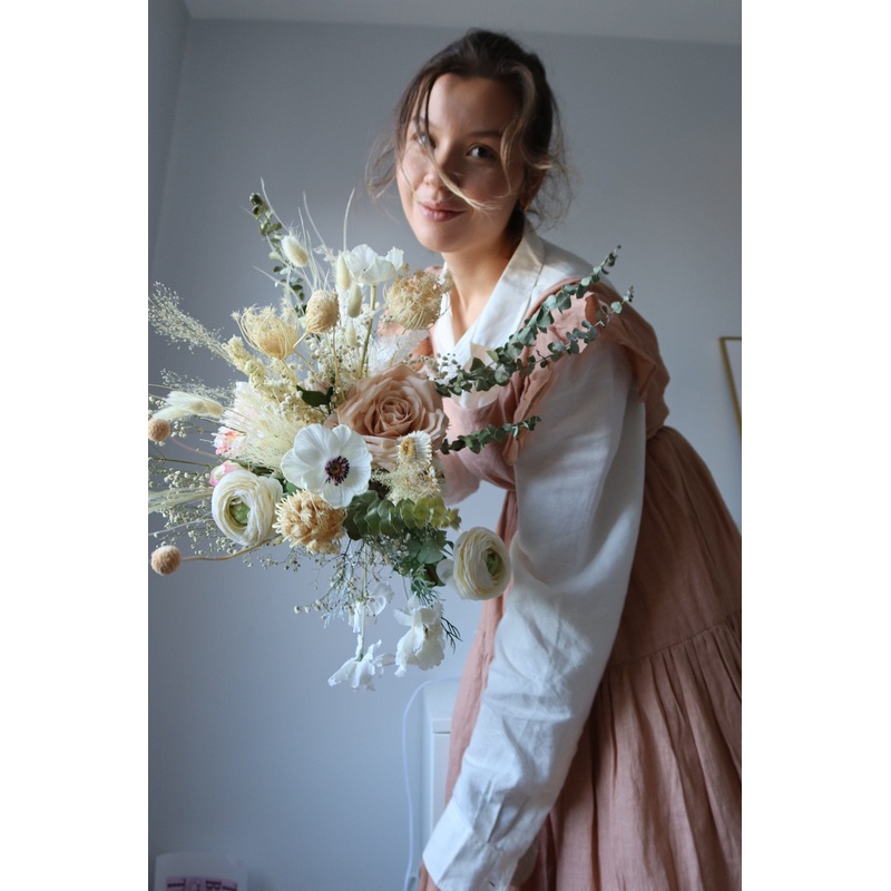 Dried Eucalyptus, Nude Tones Dried Wildflowers / Artificial Black Eyed Anemone Bouquet / Bridal Boho Wedding Bouquet / Pink Bouquet / Peach