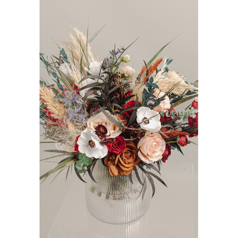 Natural Pampas Grass & Anemones with Burgundy Flowers Boho Bouquet / Artificial White Anemone Bouquet / Red Wedding Bouquet