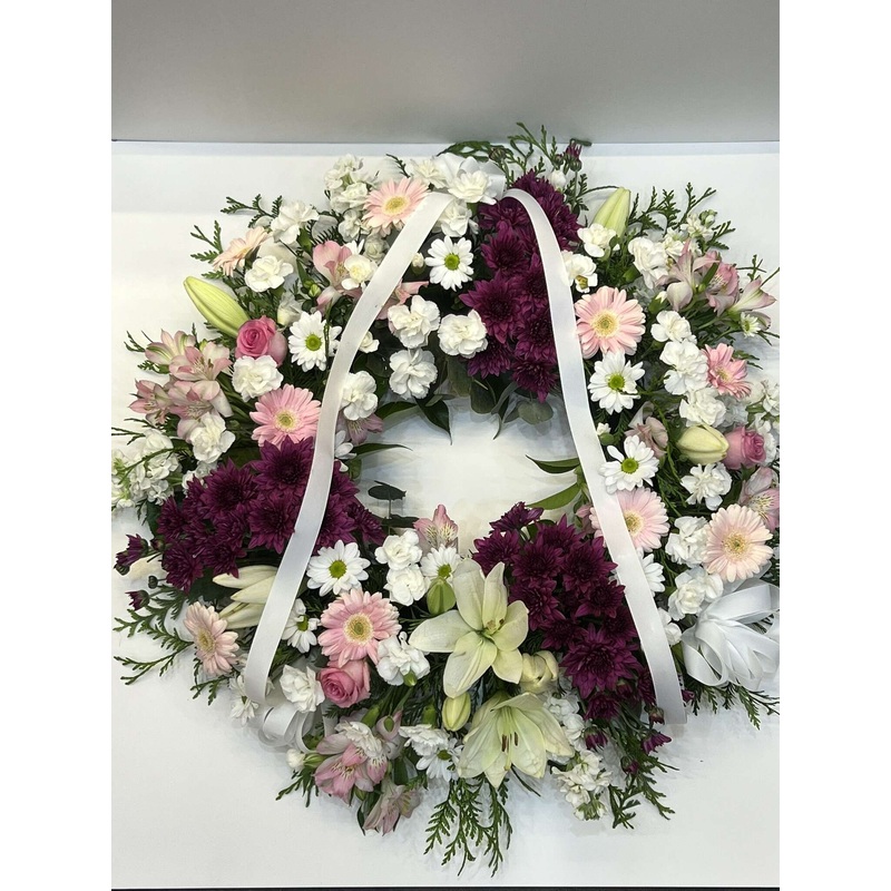 80CM (LARGE) Purple &Pink -WHITE FLOWER WREATH
