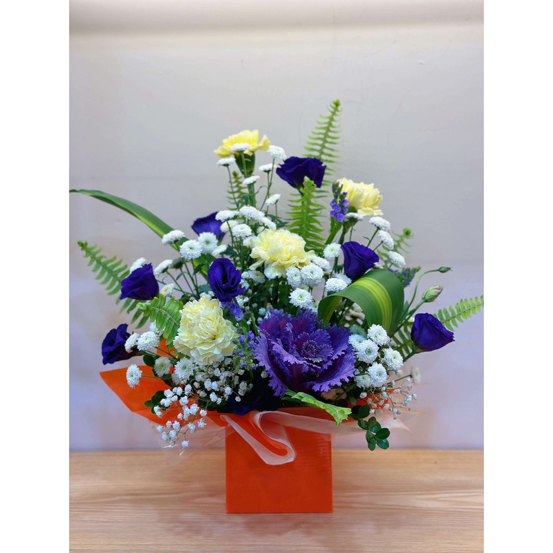 Yellow Carnation and Purple Lisianthus Flower Box