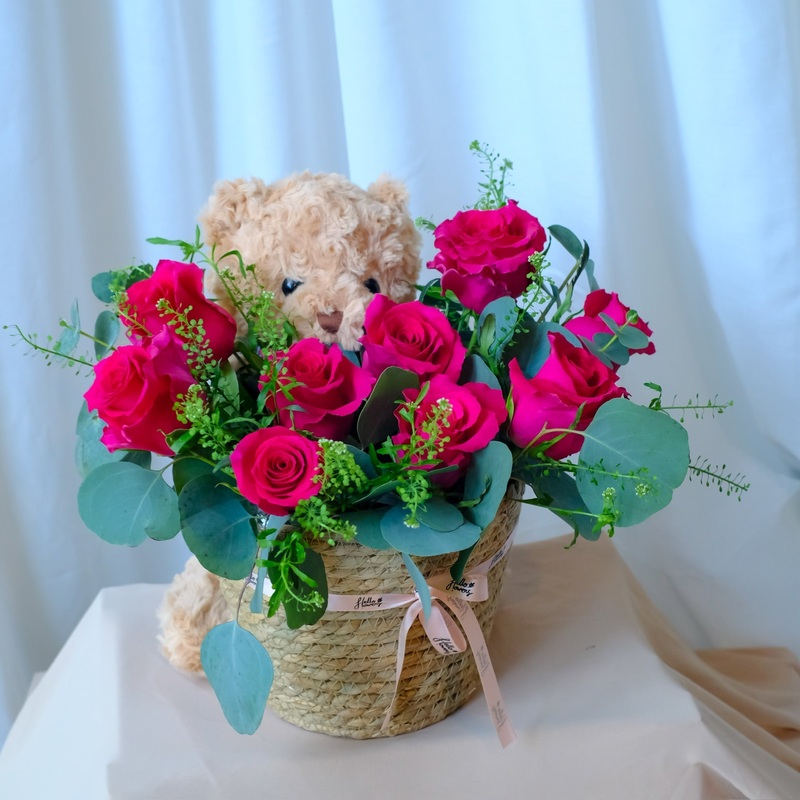 Bella – Hot Pink Roses in Teddy Bear Holder