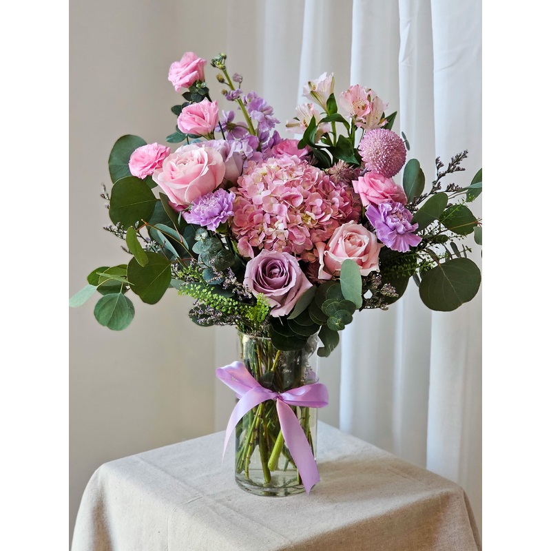 Enchanted Vase – Pink hydrangea with lilacs and pastel pinks