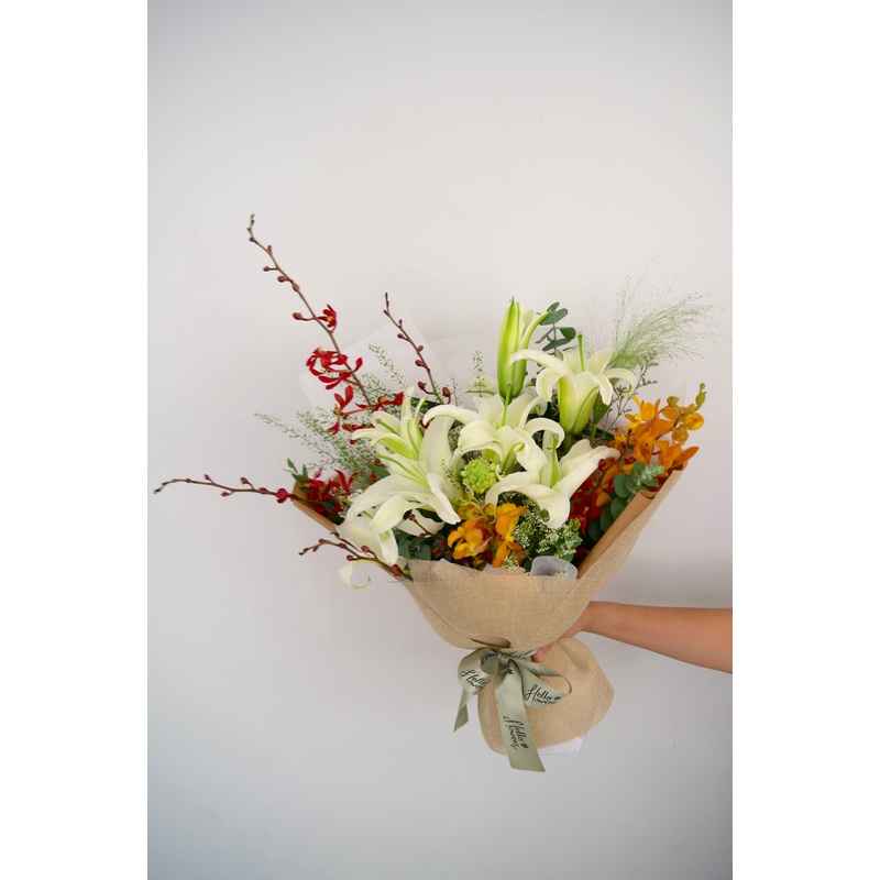 Iris – White Lilies & Orchids Bouquet