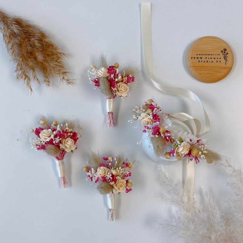 Cream Rose and Hot Pink Dried Flower Boutonniere and Corsage
