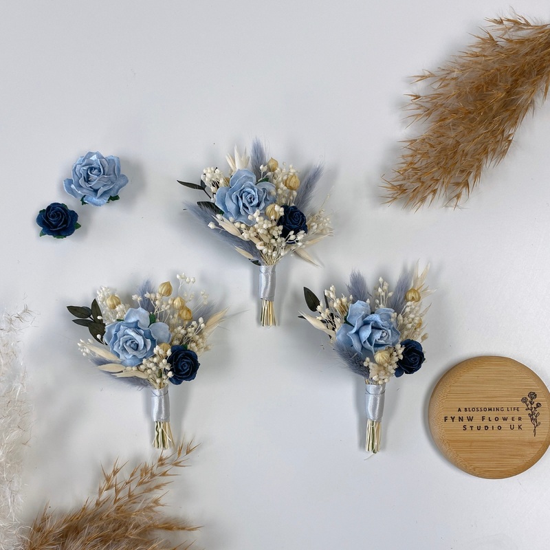 Dusty Blue and Navy Rose Rabbit Tail Boutonniere
