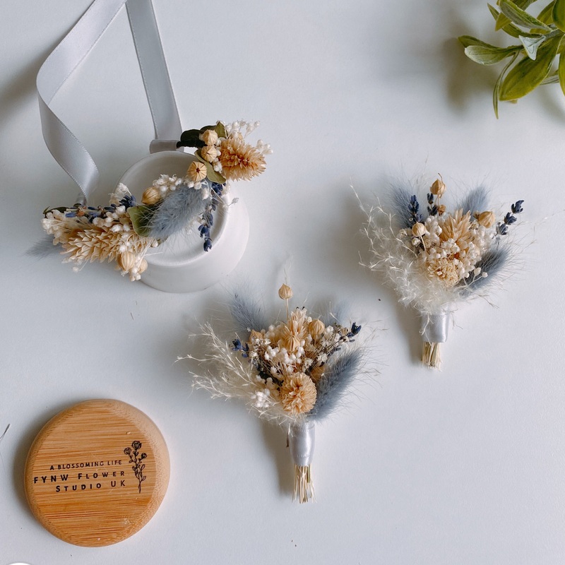 Dusty Blue Rabbit Tail Pampas Grass Boutonniere and Corsage