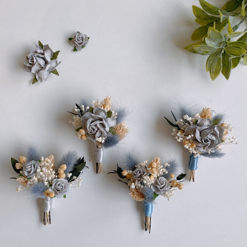 Dusty Blue Rabbit Tails and Rose Dried Flower Boutonniere and Corsage