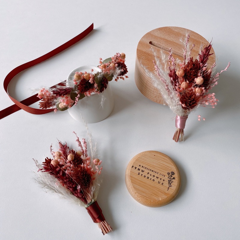 Pampas Grass and Burgundy Canary Grass Dried Flower Boutonniere and Corsage