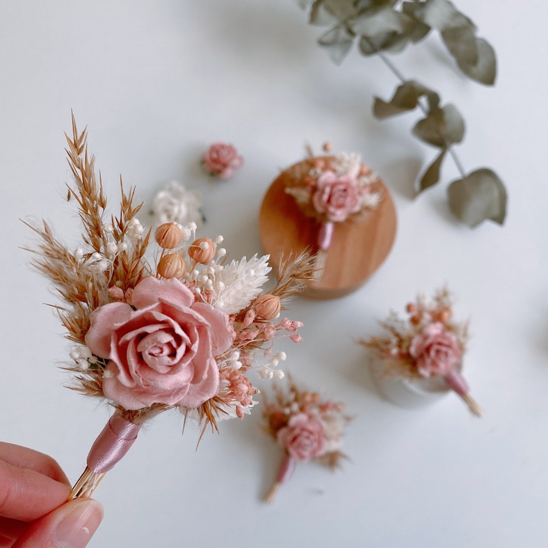 Pink Single Rose Pampas Grass Dried Flower Boutonniere and Corsage