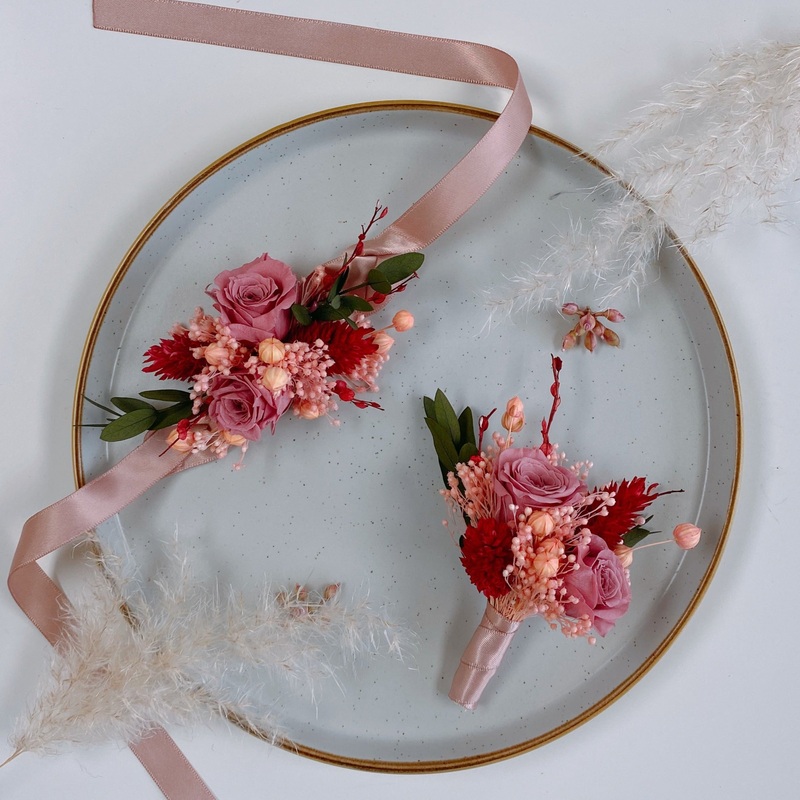 Preserved Pink Rose Dried Flower Boutonniere and Corsage