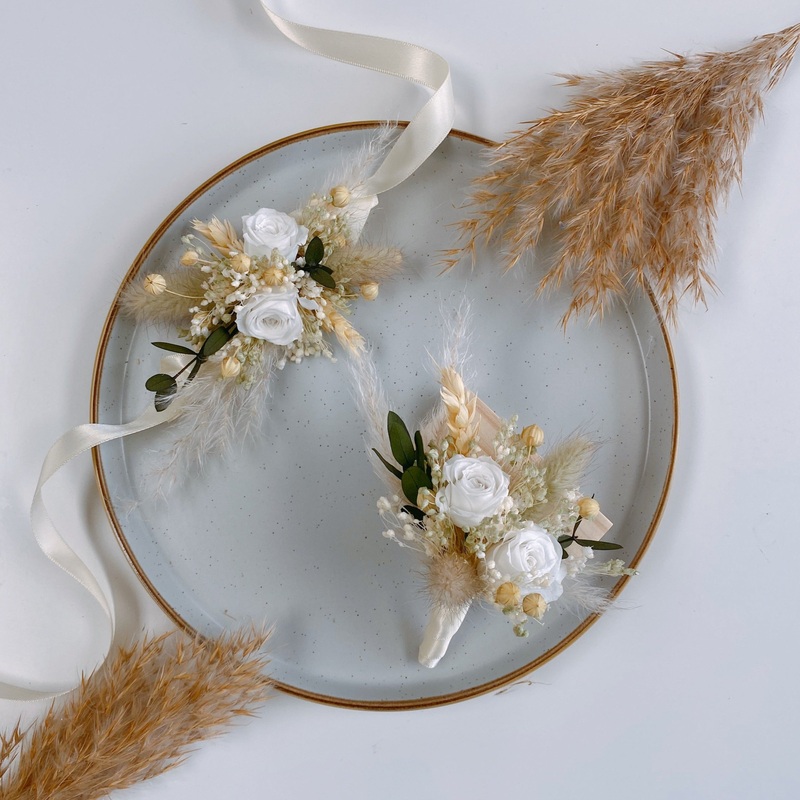 Preserved White Rose Rabbit Tail Dried Flower Boutonniere and Corsage