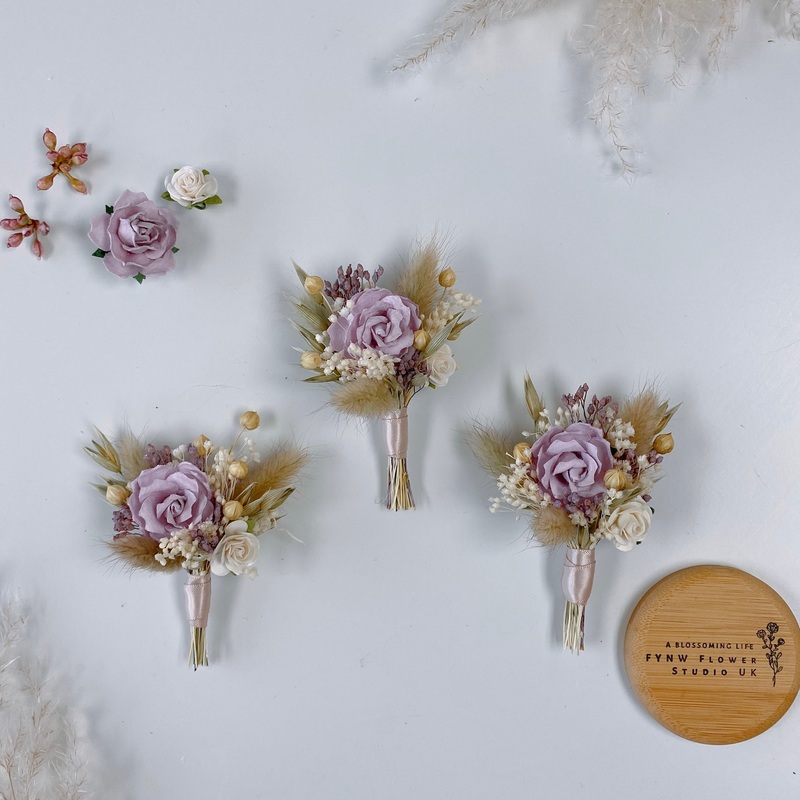 Purple Duo Rose Rabbit Tail Dried Flower Boutonniere