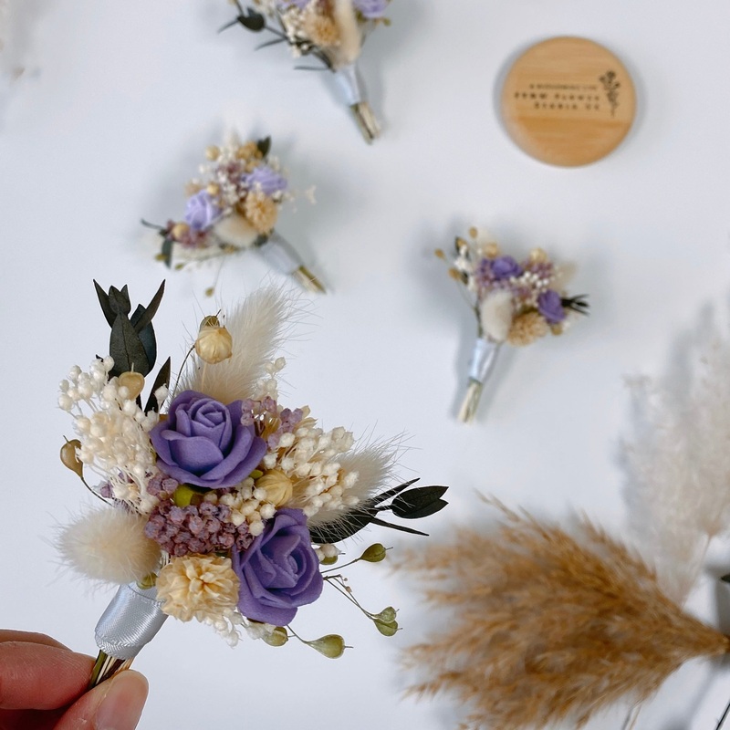 Purple small roses rabbit tails Dried Flower Boutonniere