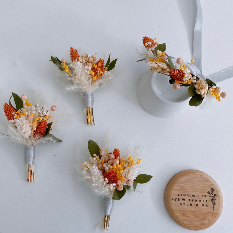 Spring Vibe Yellow and Orange Dried Flower Boutonniere and Corsage
