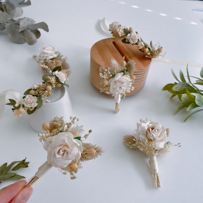 White Rose and Sage Green Dried Flower Boutonniere and Corsage