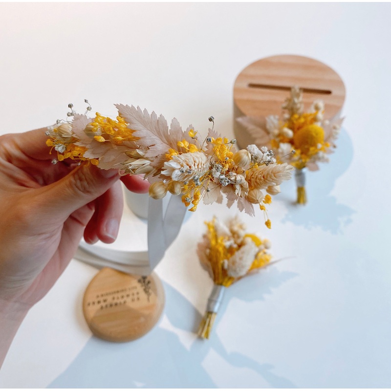 Yellow Billy Ball Dried Flower Boutonniere and Corsage