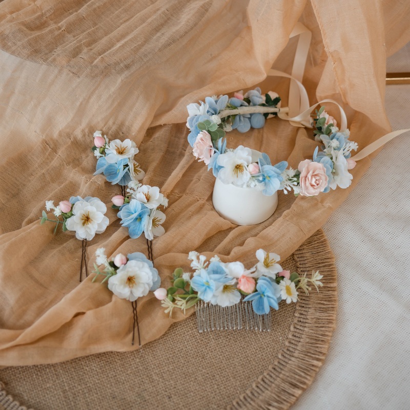 Baby Blue and Pink Cherry Blossom and Poppy Hair Set