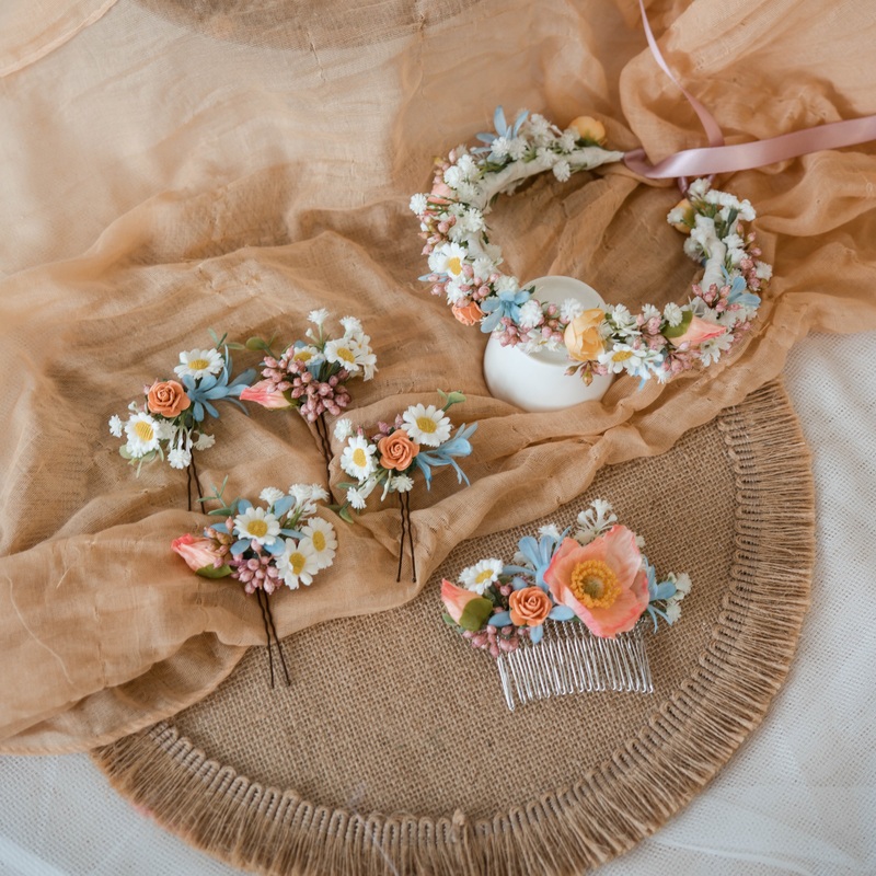 BabyHot Pink and Orange Spring Color Cosmos and Daisy Hair Set