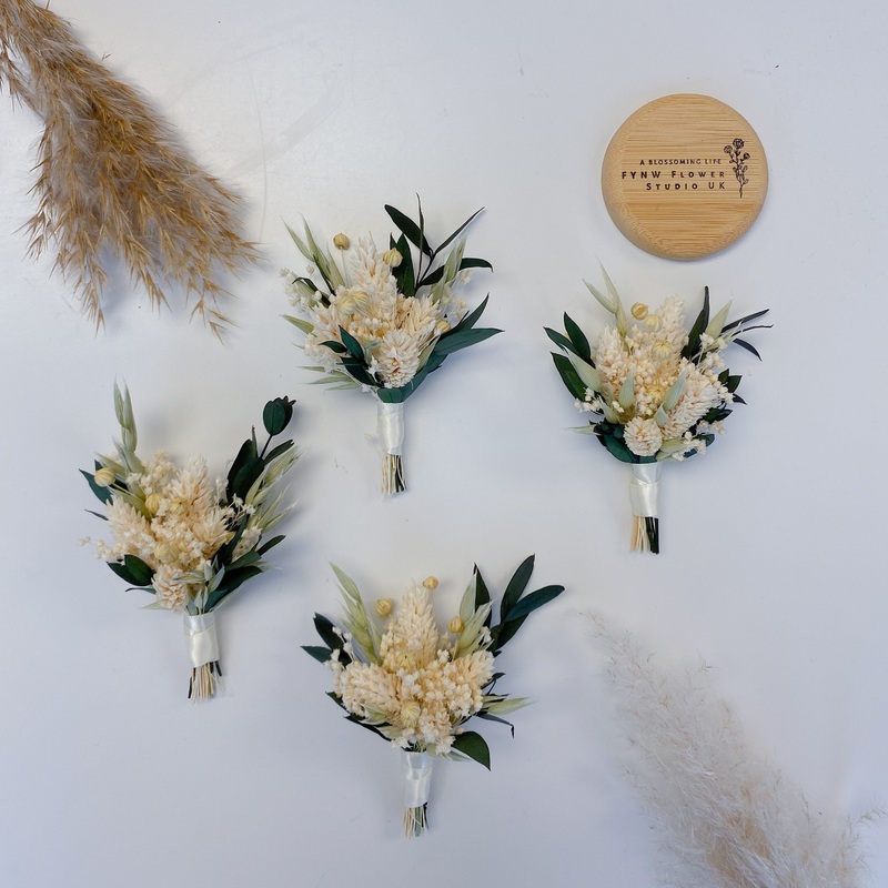 Eucalyptus and Oat Grass Sage Green Dried Flower Boutonniere