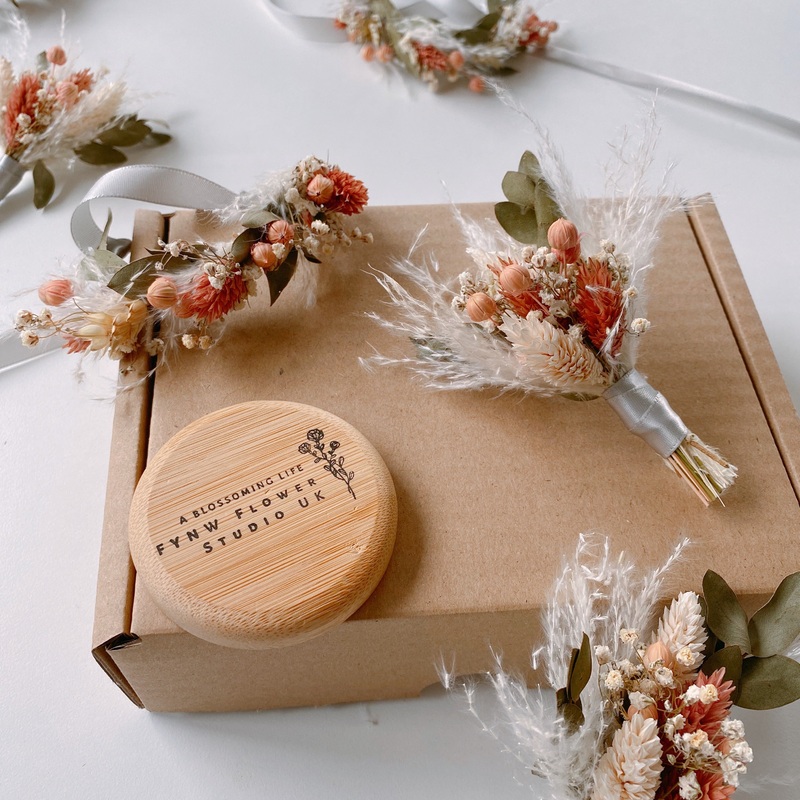 Peach and Pink Pampas Grass Dried Flower Boutonniere and Corsage