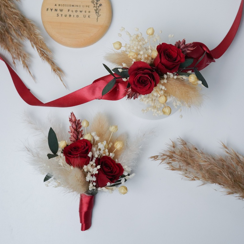 Preserved Burgundy  Rose Rabbit Tail Dried Flower Boutonniere and Corsage
