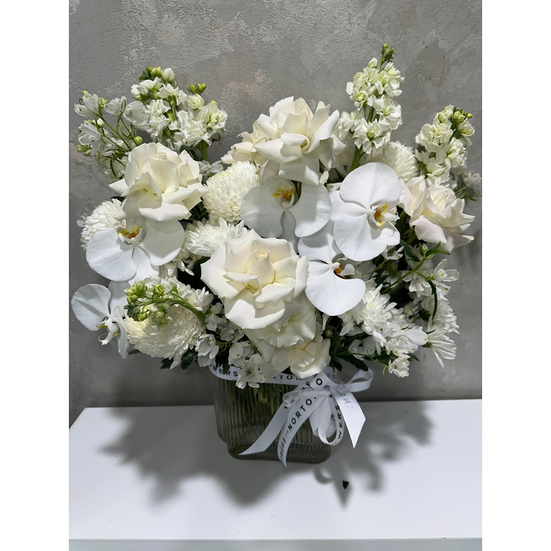 Love All White Vase Bouquet-Trough Vase Premium & Trough vase Luxe (Pictured)