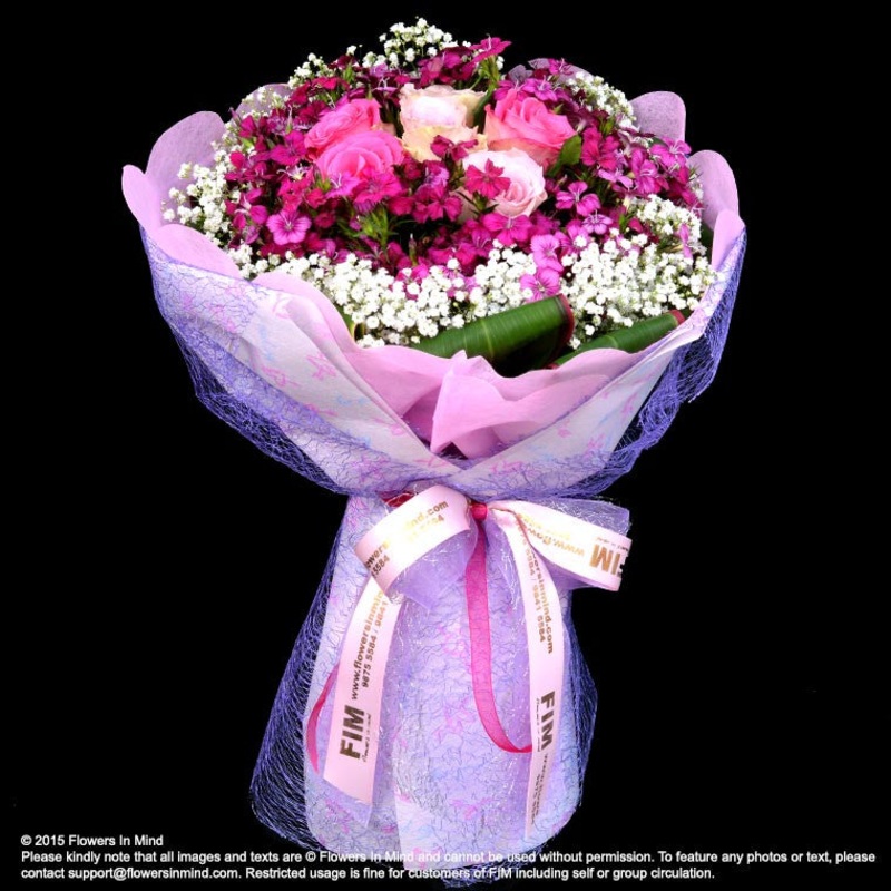 Bouquet of Roses (HB138)-6 stalks in total (3 X stalks of shocking pink & 3 X stalks of pink roses) & 12 stalks in total (6 X stalks of shocking pink & 6 stalks in total (3 X stalks of shocking pink & 6 X stalks of pink roses) & 18 stalks in total (9 X st