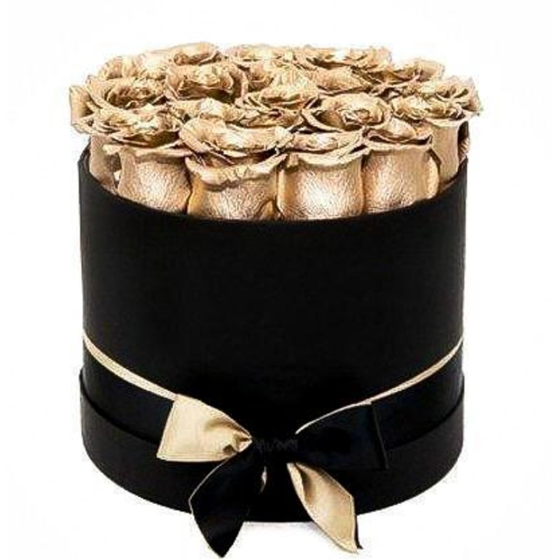 Luxury Gold Roses Box-Small (10 Roses) & Regular (20 Roses) & Large (30 Roses) & Extra Large (40 Roses) & Luxury (50 Roses) & Glamour (70 Roses) & Exclusive Glamour (100 Roses)-Hat Box & Square Box & Heart Box-Black & Cream & Red