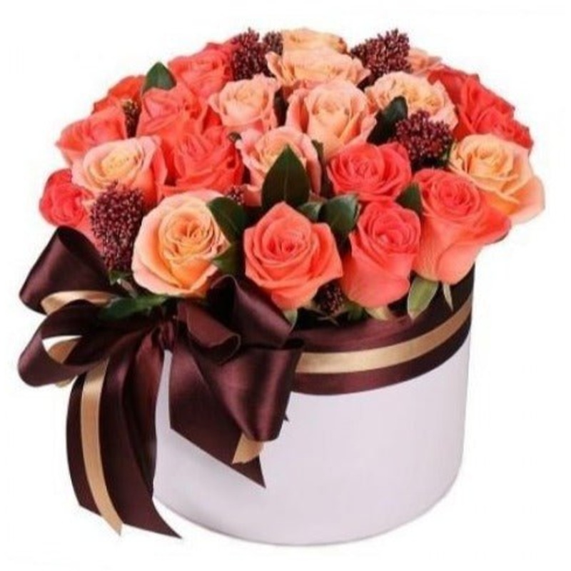 Orange and Peach Roses Box-Small (20 stems) & Regular (30 stems) & Large (40 stems) & Luxury (50 stems) & Glamour (65 stems) & Exclusive Glamour (80 stems) & Premium (100 stems) & Posh (120 stems)-Hat Box & Heart Box-CREAM & BLACK & KRAFT