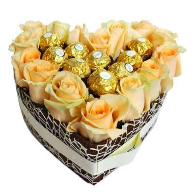 Peach Roses and Ferrero Rocher Heart Box