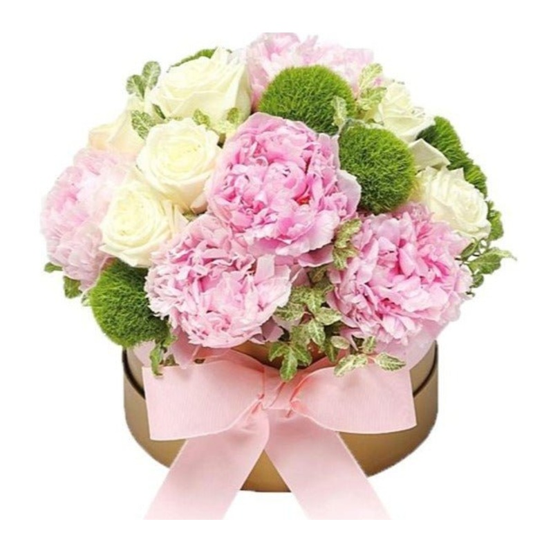 Peony and White Roses Hat Box-Small (10 stems) & Regular (15 stems) & Large (20 stems) & Extra Large (30 stems) & Luxury (40 stems) & Glamour (60 stems) & Exclusive Glamour (80 stems) & Premium (100 stems)-Hat Box & Square Box & Heart Box-KRAFT & PPINK &