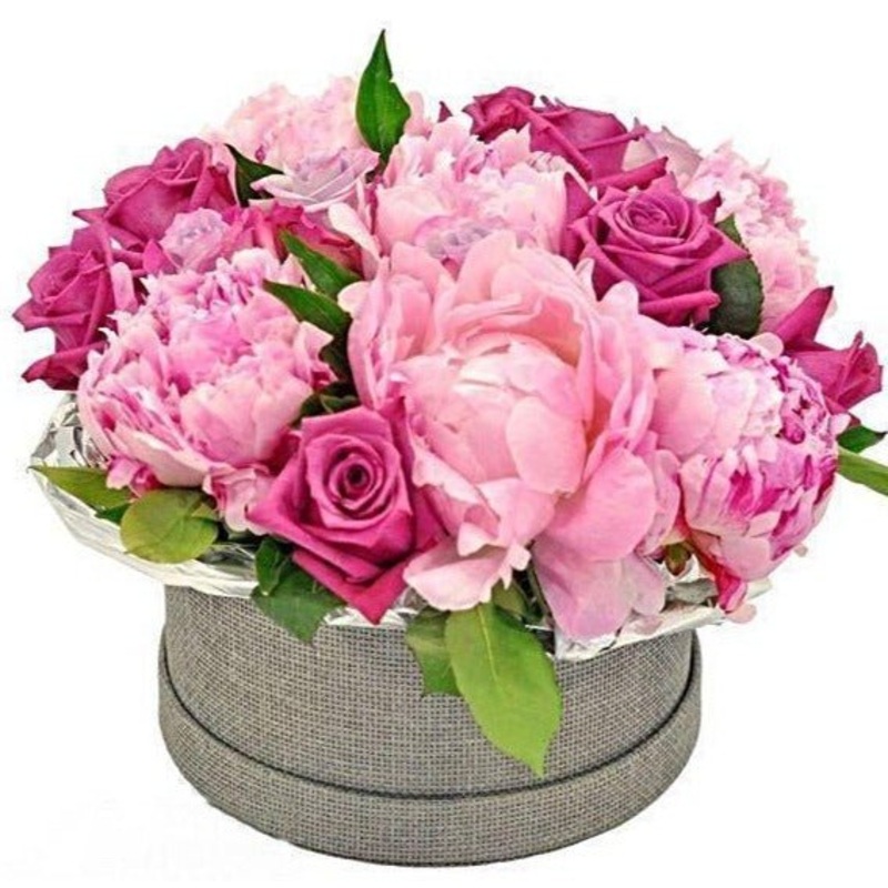 Pink Peony and Roses Box-Small (12 stems) & Regular (17 stems) & Large (25 stems) & Luxury (32 stems) & Glamour (45 stems) & Exclusive Glamour (60 stems) & Premium (80 stems) & Posh (100 stems)-Hat Box & Square Box & Heart Box-GRAY & CREAM & PINK