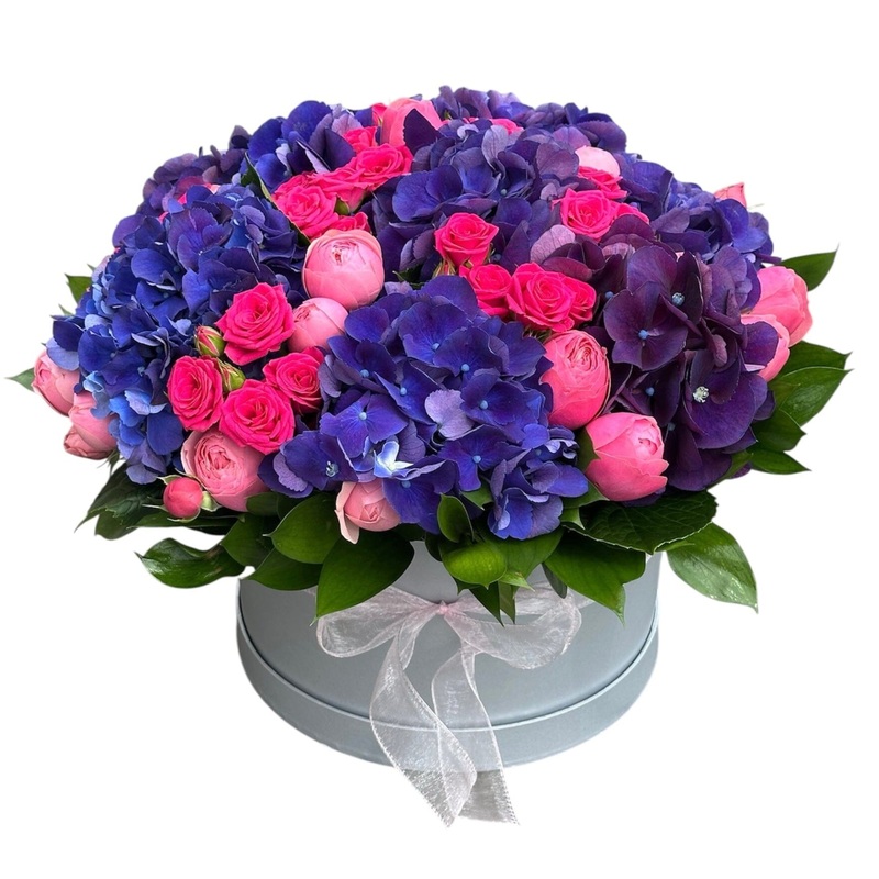 Pink Spray Roses and Purple Hydrangea Box