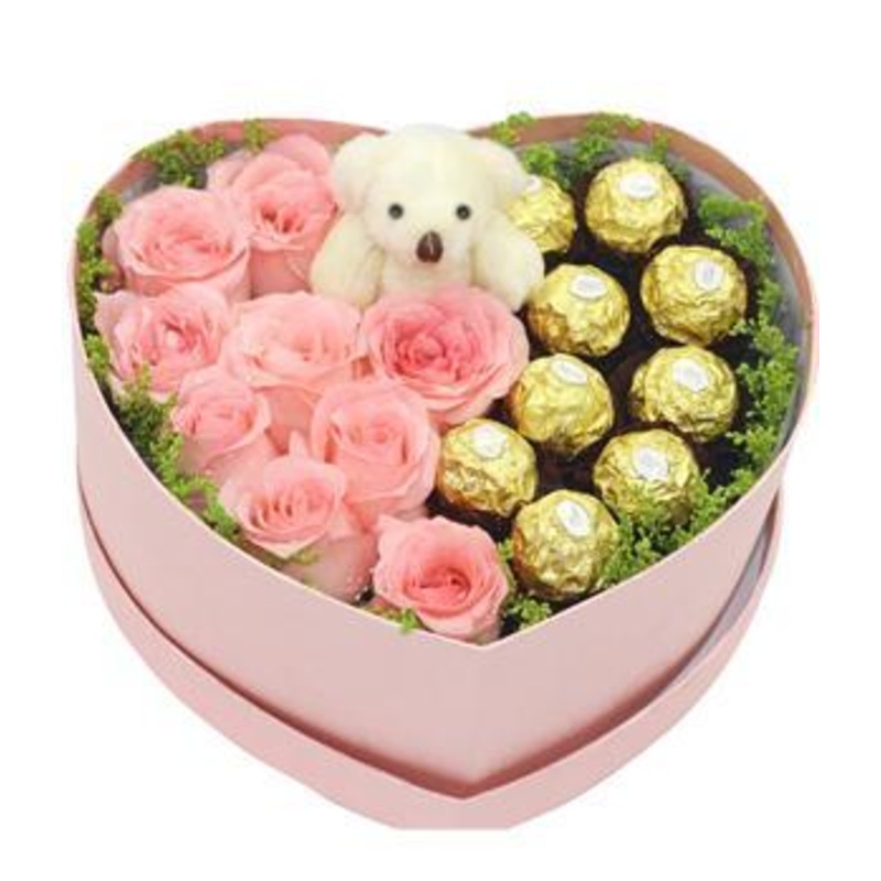 Pink Sweetness Box-Small (10 steams & 9 Chocolates) & Regular (15 Steams & 12 Chocolates) & Large (20 Steams & 16 Chocolates)-Heart Box & Square Box & Hat Box-Red & Black & Cream