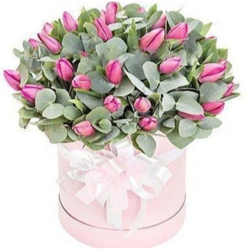 Tulips in Eucalyptus Box-Extra Small (10 stems) & Small (20 stems) & Regular (30 stems) & Large (40 stems) & Extra Large (50 stems) & Luxury (65 stems) & Glamour (80 stems) & Exclusive Glamour (100 stems) & Premium (120 stems) & Premium Extra (150 stems)